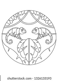 Chameleon pattern. Illustration with a chameleon. Mandala with an exotic animal.  Chameleonl in a circular frame. Coloring page for kids and adults.