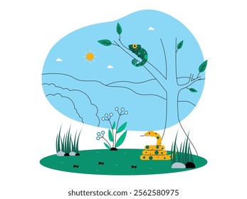 Chameleon is perched on a tree branch. Chameleon's eyes, under the tree there is a coiled snake, small ants are seen busy walking around the plants, ecosystem vector illustration.