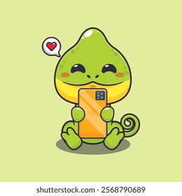 Chameleon with phone cartoon vector illustration. Vector cartoon Illustration suitable for poster, brochure, web, mascot, sticker, logo and icon.