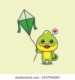 Chameleon playing kite cartoon vector illustration. design element suitable for poster, brochure, web, mascot, sticker, logo and icon.