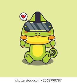 Chameleon playing virtual reality cartoon vector illustration. Vector cartoon Illustration suitable for poster, brochure, web, mascot, sticker, logo and icon.