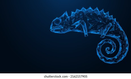 Chameleon. Polygonal lizard design of lines and dots. Blue background.