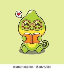 Chameleon reading a book cartoon vector illustration. Vector cartoon Illustration suitable for poster, brochure, web, mascot, sticker, logo and icon.