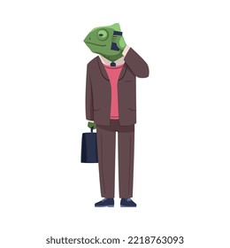 Chameleon as Reptile Office Employee Wearing Formal Corporate Suit Speaking by Phone Vector Illustration