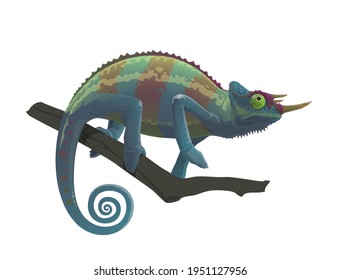 Chameleon reptile sitting on branch of tree, vector cartoon character. Cartoon chameleon animal in camouflage, jungle tropical lizard and exotic pet symbol of zoology park or wildlife nature