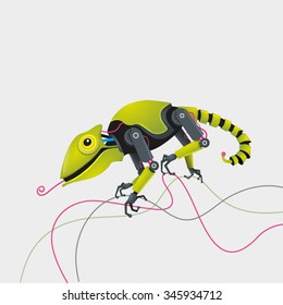 Chameleon robot concept. Mechanical reptile animal chameleon with pink tongue out sitting on a bunch of wires.
