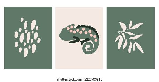 Chameleon. Scandinavian Style. Baby pattern. Nursery Wall Art for Baby Boy And Baby Girl. Vector Illustration Set Ideal for Cards, Invitations, Posters. Funny Infantile Style