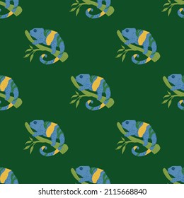 Chameleon seamless pattern. Background of tropical lizard. Repeated texture in doodle style for fabric, wrapping paper, wallpaper, tissue. Vector illustration.