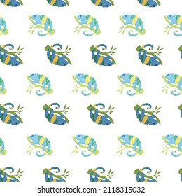 Chameleon seamless pattern. Background of tropical lizard. Repeated texture in doodle style for fabric, wrapping paper, wallpaper, tissue. Vector illustration.