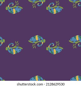 Chameleon seamless pattern. Background of tropical lizard. Repeated texture in doodle style for fabric, wrapping paper, wallpaper, tissue. Vector illustration.