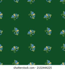 Chameleon seamless pattern. Background of tropical lizard. Repeated texture in doodle style for fabric, wrapping paper, wallpaper, tissue. Vector illustration.