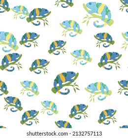 Chameleon seamless pattern. Background of tropical lizard. Repeated texture in doodle style for fabric, wrapping paper, wallpaper, tissue. Vector illustration.