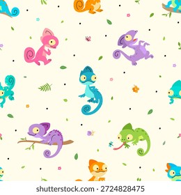 Nahtloses Chamäleon-Muster. Verrückte Chamäleons Charaktere verschiedene Posen, bunte Cartoon Salamander oder Eidechsen. Heller Druck auf Textil, heute Vektorhintergrund