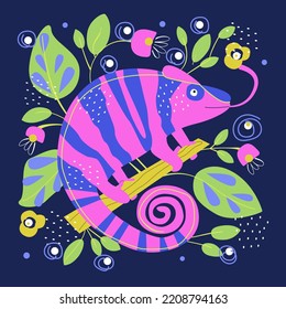Chameleon sits on a branch surrounded by flowers and leaves vector illustration. Multicolored image for print and decorations.