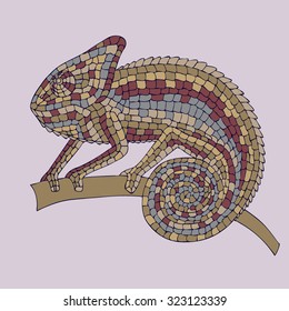 Chameleon sitting on a branch. abstract vector illustrations multicolored mosaic chameleon, lizards, reptiles with small scales. illustrations drawn by hand with pencil, pen. logo. Icon.