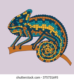 Chameleon sitting on a branch. abstract vector illustrations multicolored mosaic chameleon, lizards, reptiles with small scales. illustrations drawn by hand with pencil, pen. logo. Icon. Vector.