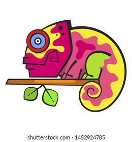 Chameleon Sitting On a Branch. Reptile Vector Illustration.