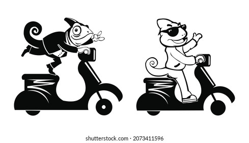 chameleon is sitting on scooter,Creative chameleon logo icon design.