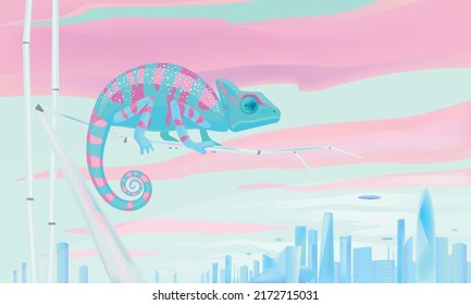 Chameleon sitting on a synthetic branch on the futuristic background.