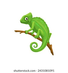 Chameleon sitting on tree branch. Isolated cartoon vector lizard with green skin. Exotic pet, reptile with curvy tail and telescopic eyes. Wild jungle animal, tropical chameleon, master of disguise