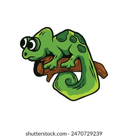 Chameleon sitting on tree branch. Isolated cartoon vector lizard with green skin. Exotic pet, reptile with curvy tail and telescopic eyes. Wild jungle animal, tropical chameleon, master of disguise