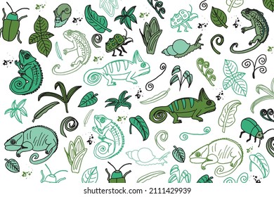 Chameleon and Snails Print. Vector Wildlife Pattern. Shades of Green.