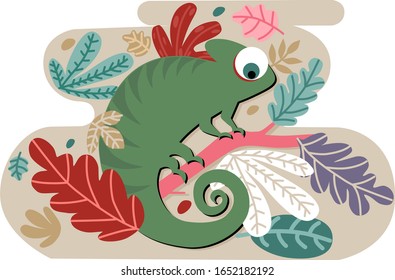 Chameleon con un moderno diseño tropical con flores, hoja. Diseño de la tarjeta. Diseño de vectores.