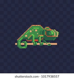 Chameleon tropical reptile pixel art style icon. 8-bit sprite. Chameleon lizard sitting on a branch isolated vector illustration. Design for stickers, logo, embroidery, mobile app.