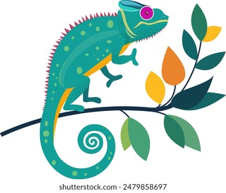 Chameleon vector. Animal reptiles and lizards of jungle forests in flat design illustration. Fauna of South Africa. Colorful chameleon for icons, posters, books illustrating. Isolated on white.