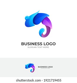 chameleon water logo, chameleon and water, combination logo with 3d purple and blue color style