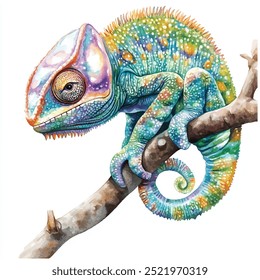 Chameleon watercolor clipart isolated white background 