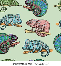 Chameleons animals wildlife tropics exotic  antistress for children graphics line drawn by hand separately on a white background