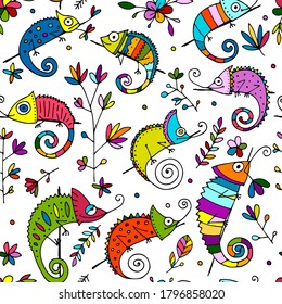 Chameleons family, seamless pattern for your design. Vector illustration