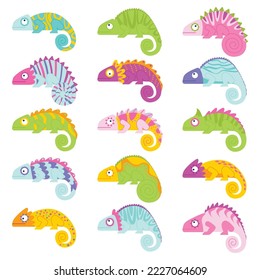 Chameleons flache Symbole gesetzt. Verschiedene Eidechsenfarbe. Dschungel und Wüstentier. Deckenchamelon, süße Reptilien. Farbisolierte Illustrationen