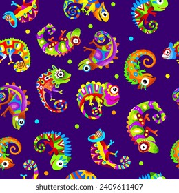 Chameleons pattern. Colored lizards seamless background