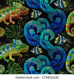 Chameleons and sea tropical fishes, seamless pattern. Summer art. Template for clothes, textiles, t-shirt design 