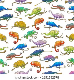 Chameleons seamless pattern of exotic lizard animals. Vector background with colorful chameleon reptiles sitting on branches with camouflage spots and stripes, long tails and tongues, animal backdrop