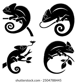 Chameleons Silhouette Set Featuring Various Poses and Stances | Unique and Versatile Design | Flat Vector Illustration