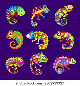 Chameleons. Stylized colored chameleons with colorful skin recent vector lizard pictures set