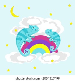 Chameleons walking on rainbow. flat vector illustration.