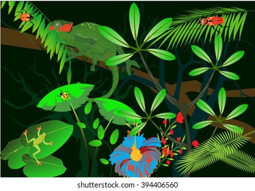 Chamelion in green foliage, vector jungle scene