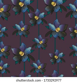 Chamernik seamless vector pattern on purple background. Pattern of winter flowers. Use for printing, textiles, design, design, flyers, greetings, websites, wallpapers, and wrapping paper.
