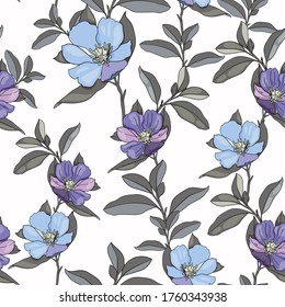 Chamernik seamless vector pattern on white background. Pattern of purple and blue flowers. Use for printing, textiles, designs, designs, flyers, greetings, websites, wallpapers and wrapping paper.