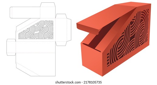 Chamfered box with stenciled geometric pattern window die cut template and 3D mockup