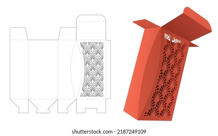 Chamfered box with stenciled Japanese pattern window die cut template and 3D mockup