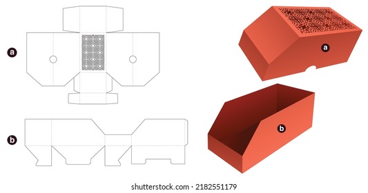 Chamfered box and stenciled pattern lid die cut template and 3D mockup