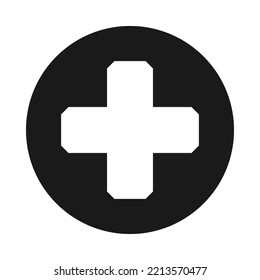 Chamfered Corner Swiss Cross Circle Icon. A Symbol Made From Arms Of Equal Length With Cut Corners. Isolated On A White Background.