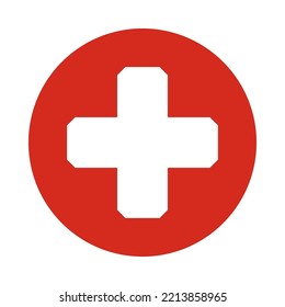 Chamfered Corner Swiss Cross Red Circle. A Symbol Made From Arms Of Equal Length With Cut Corners. Isolated On A White Background.