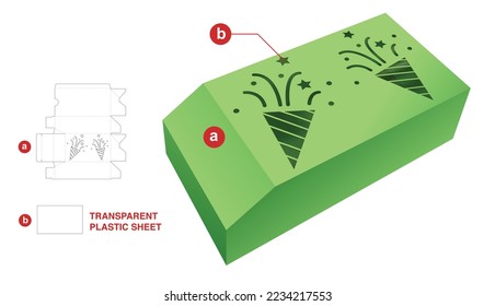 Chamfered packaging box with stenciled confetti window die cut template and 3D mockup