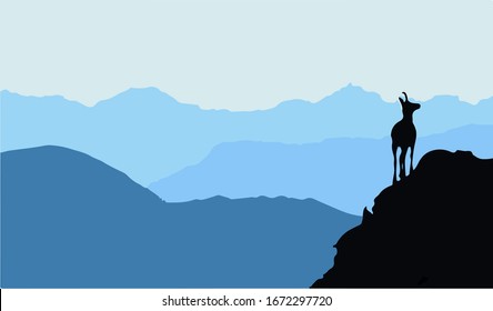 A chamois stands on top of a hill with mountains in the background. Black silhouette with blue background. Vector illustration.